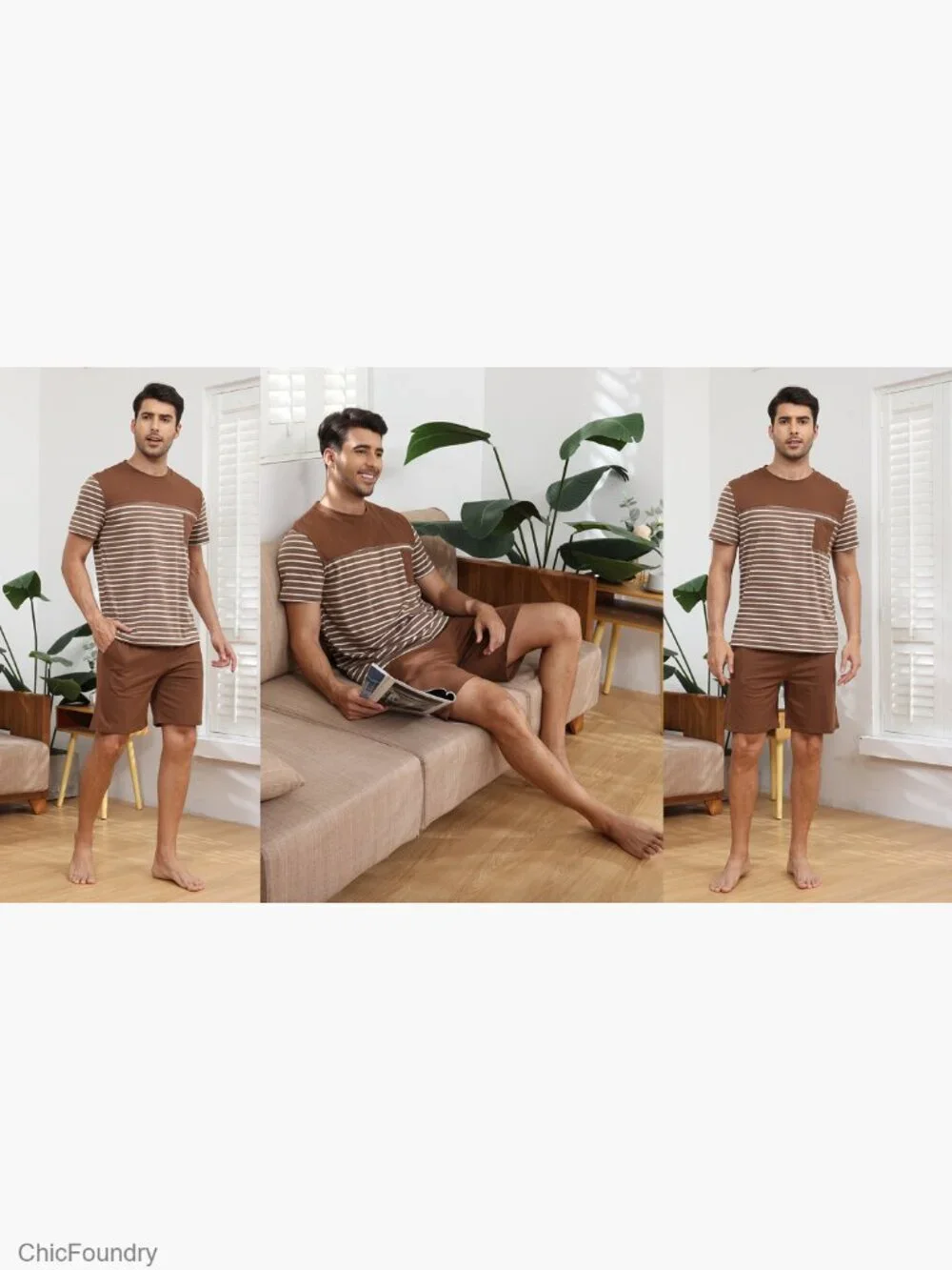 Men's Cotton Pajama Set Short Sleeve Shorts Striped Sleepwear Lounge Set with
